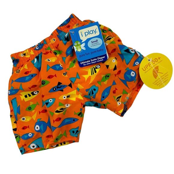NWT iPlay Boys Swim Trunks Orange Fish Built In Diaper Size S 6M UPF 50+ - Picture 1 of 7